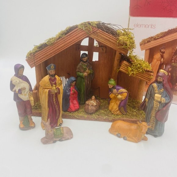 Elements Ceramic Dark Ethnic Nativity Set with Wooden Manger Figurines Set of 10 - Picture 5 of 12